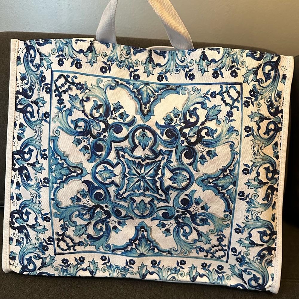 Dolce and Gabbana Tile Print Canvas Tote Light Blue Parfums Brand New